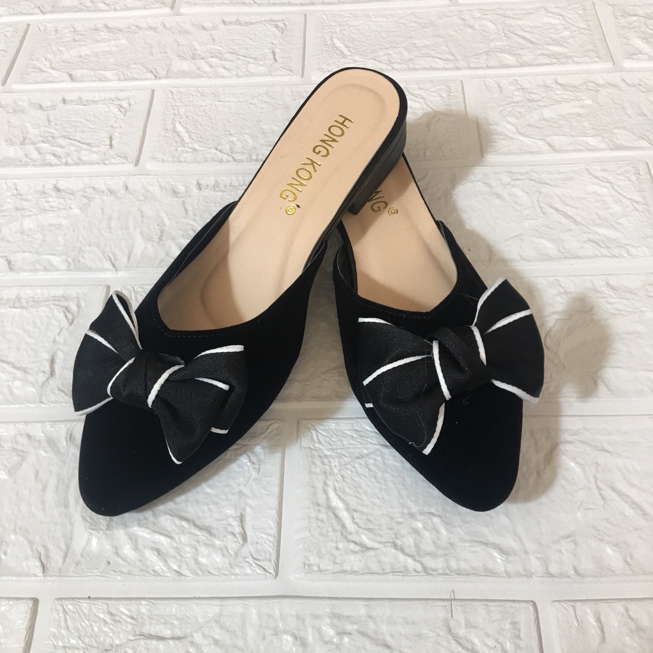 ⚡SALE SỐC ⚡ Dép Sục Nữ Da Lộn Đính Nơ Viền Trắng Xinh Xắn - Ảnh Chụp Thật