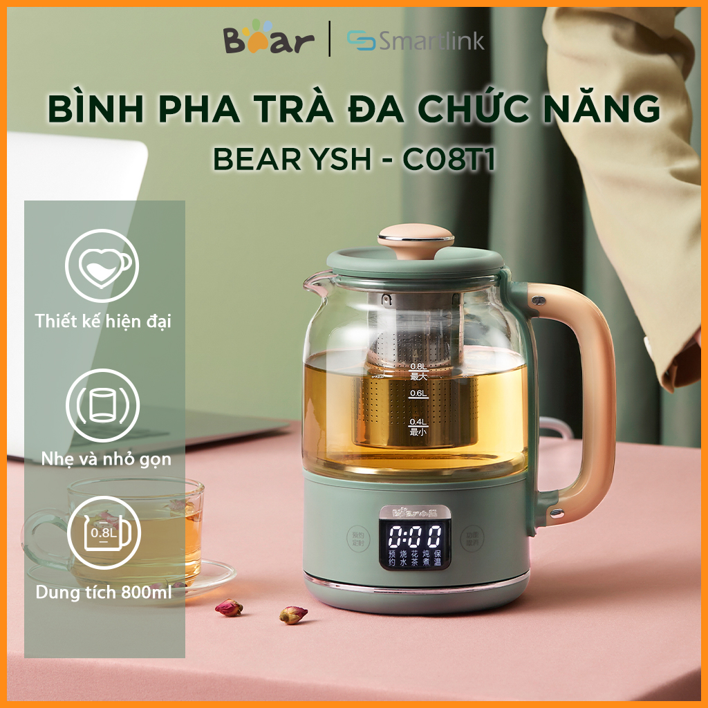Bình pha trà đa chức năng 0.8L Bear YSH-C08T1 - Hàng Chính Hãng