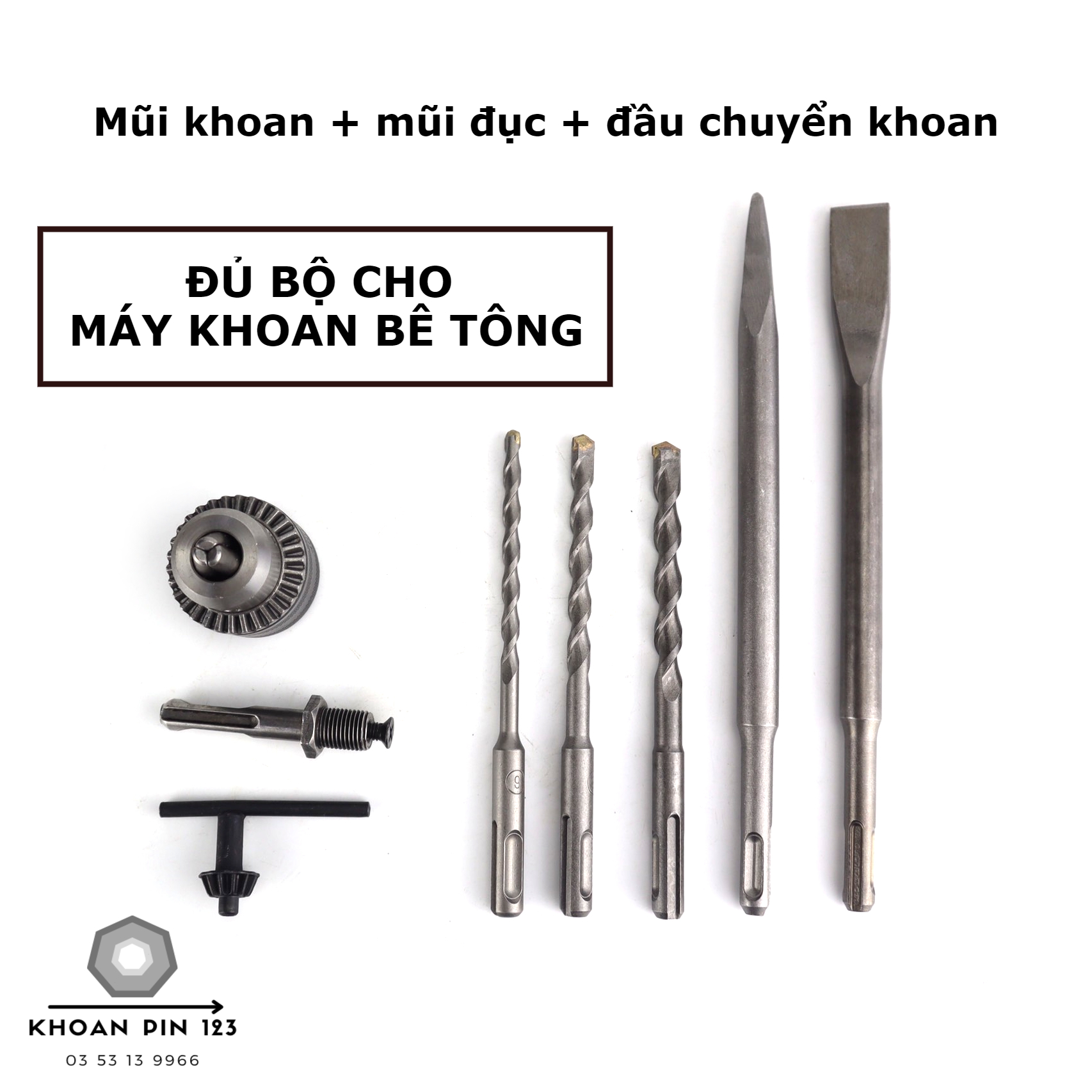 Bộ phụ kiện mũi khoan, mũi đục, đầu kẹp mang ranh dành cho máy khoan đục bê tông