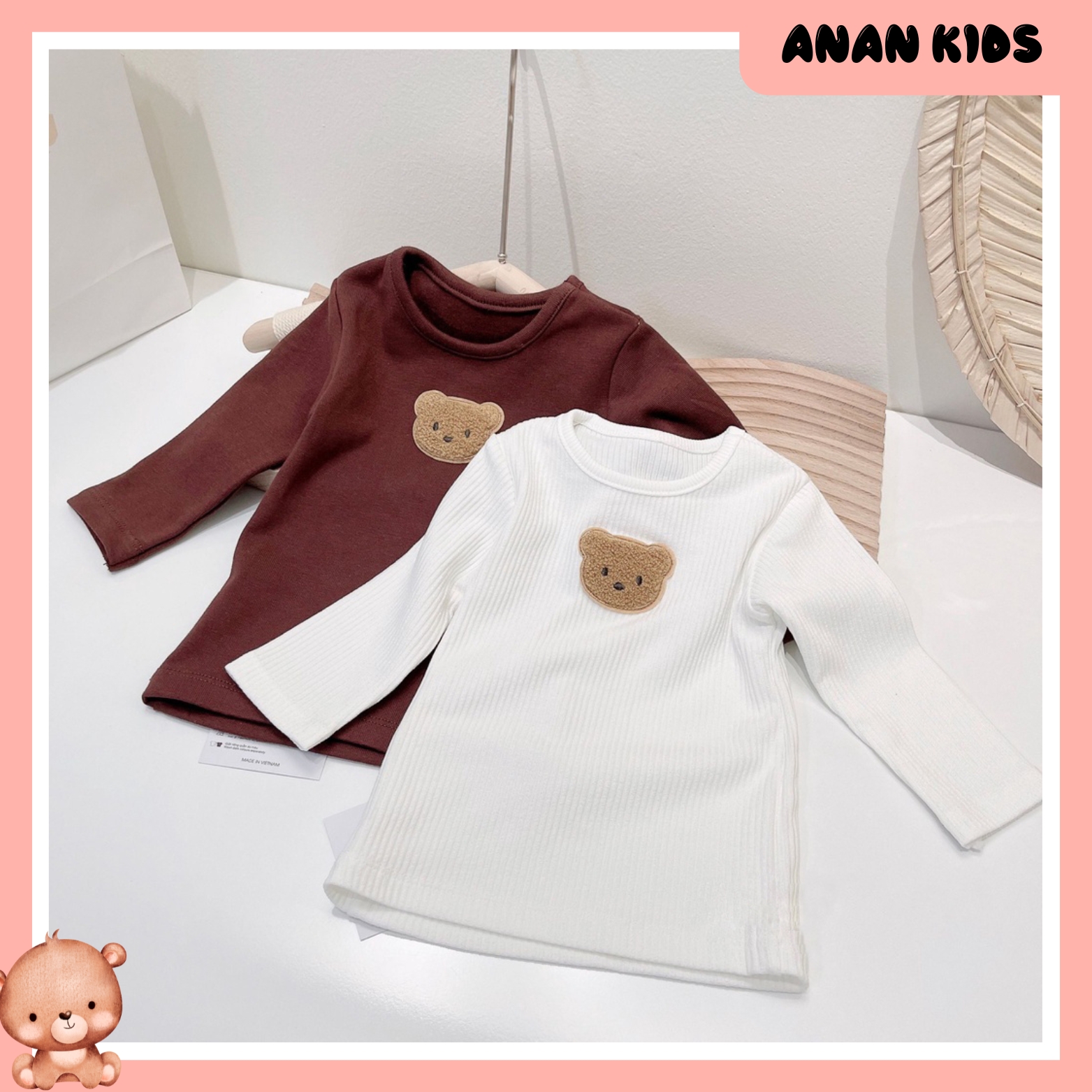 Áo Cotton Dài Tay Đính Gấu Thêu Xinh Xắn, Đáng Yêu Cho Bé 5-13Kg