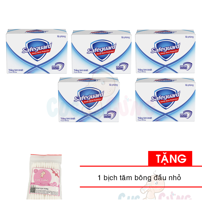  Set 5 xà bông cục - cục xà phòng Safeguard Pure White diệt khuẩn 125g cục Tặng 1 bịch tăm bông đầu nhỏ 