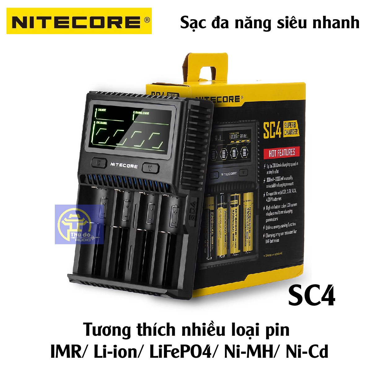 Bộ Sạc pin thông minh siêu nhanh 6A Nitecore SC4, hiển thị thông số pin