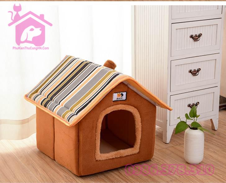 Nhà đệm nệm nằm đệm nỉ hình nhà mái ngói ống khói cho thú cưng
