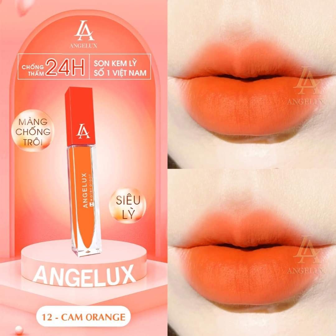 SON KEM LÌ ANGELUX WATER PROOF (12 Màu) -Siêu lỳ, màng chống trôi, kháng nước 24h, dưỡng môi căng bóng cực xinh – 12 Cam orange