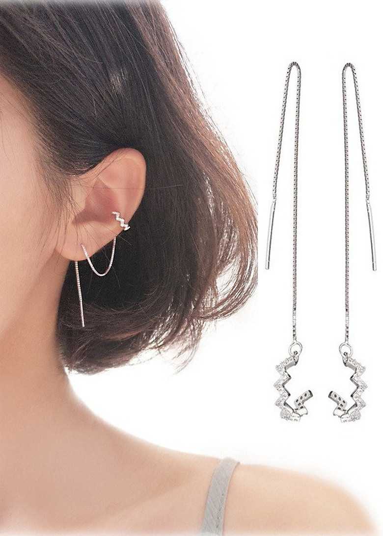 Bông tai nữ dáng dài kẹp vành kết hợp xỏ lỗ