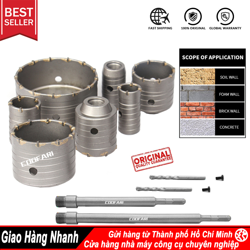 Mũi Khoan Rút Lõi Bê Tông Khoét Lỗ Tường Gạch Lắp Máy Điều Hòa Phi 30 35 40 45 50 60mm, mũi khoan tường lỗ to, khoét lỗ