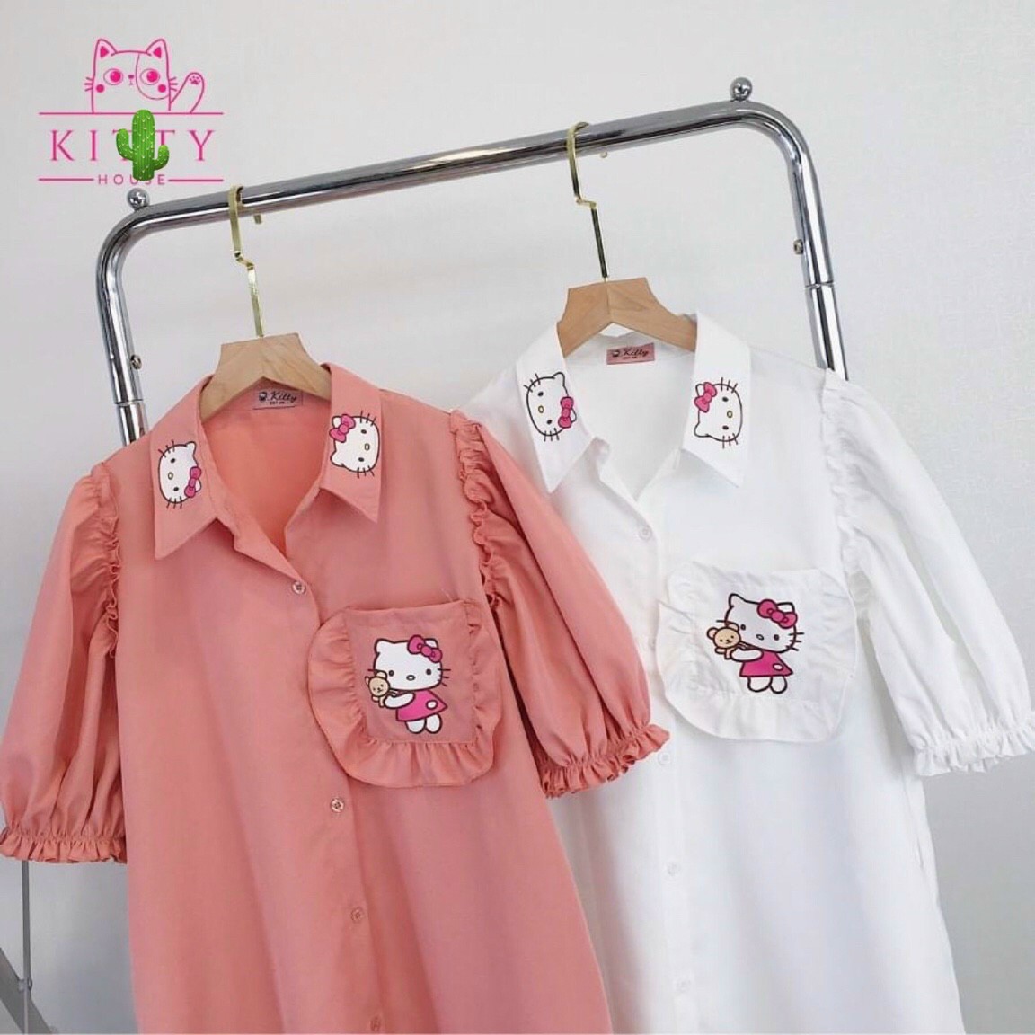 Đầm Sơ Mi Suông Phối Bèo HelloKitty