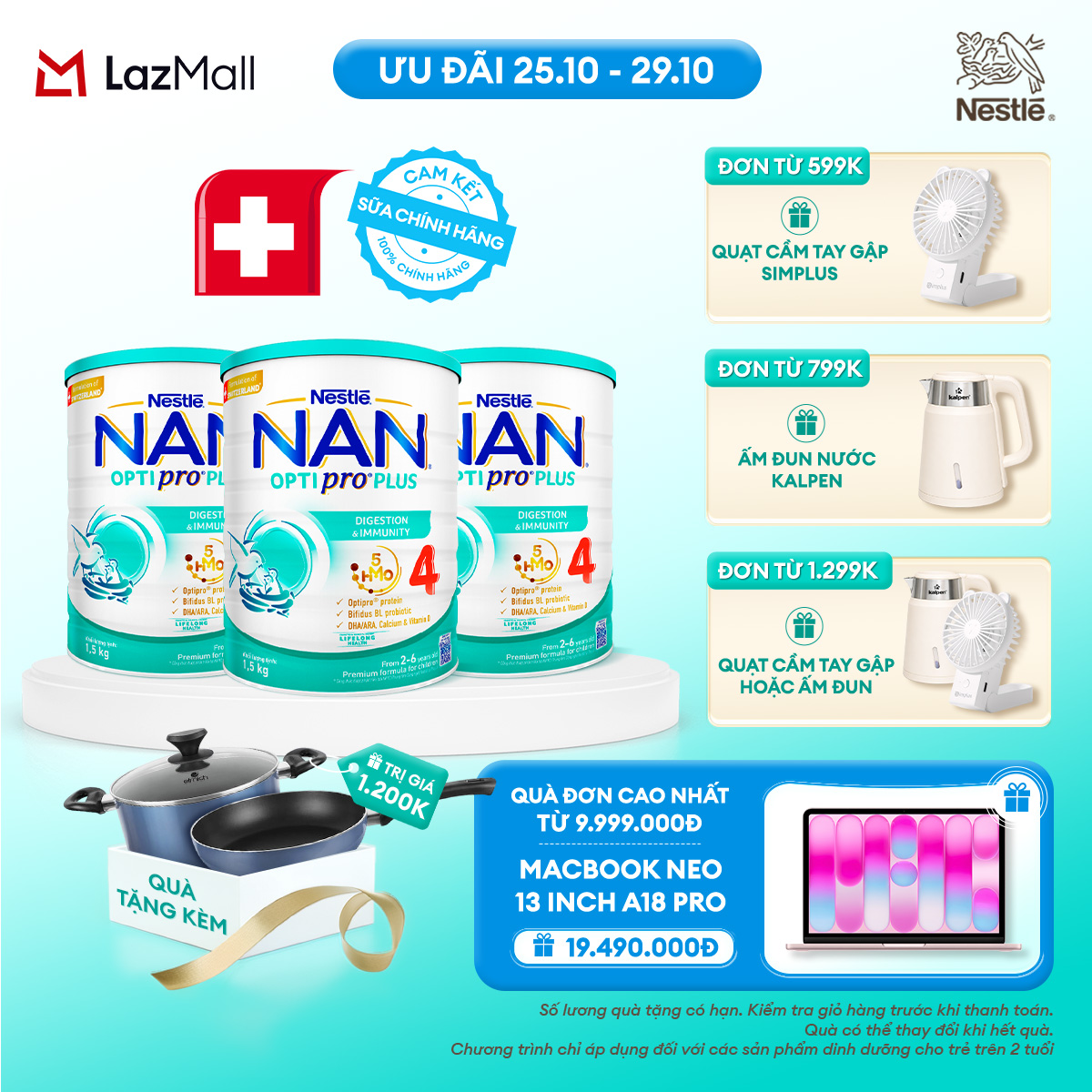 [CHỈ 25-29.10 QT ĐƠN 599K/799K/1299K] [Tặng Set Nồi Chảo Elmich] Bộ 3 lon Sữa Bột Nestlé NAN OPTIPRO PLUS 4 1500g Cho Bé 2 - 6 Tuổi: Công Thức Độc Quyền Nhập Khẩu Từ Thụy Sỹ, Chứa Phức Hợp 5-HMO