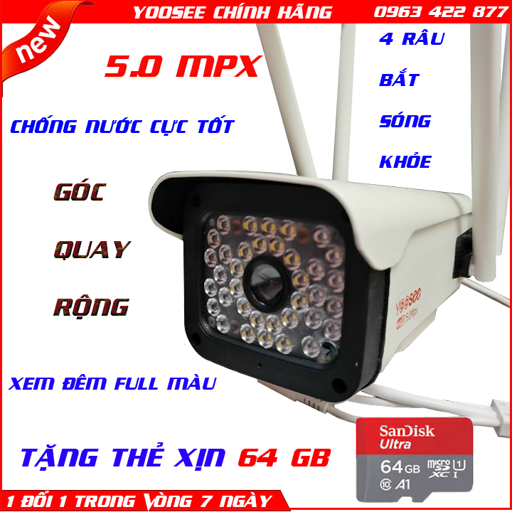 Tặng thẻ xịn 64Camera Yoosee thân ngoài trời  4 dâu 5.0 mpx, hình ảnh sắc nét, bắt sóng khỏe, chống nước rất tốt, xem đêm full màu, đàm thoại 2 chiều
