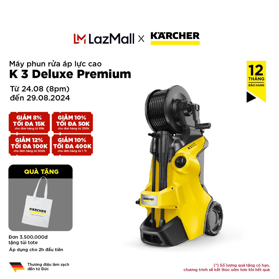 Máy xịt rửa xe Karcher K3 Deluxe Premium động cơ từ công suất 1600w áp lực 20-120 bar, lưu lượng nước 380l/h, bảo hành 12 tháng