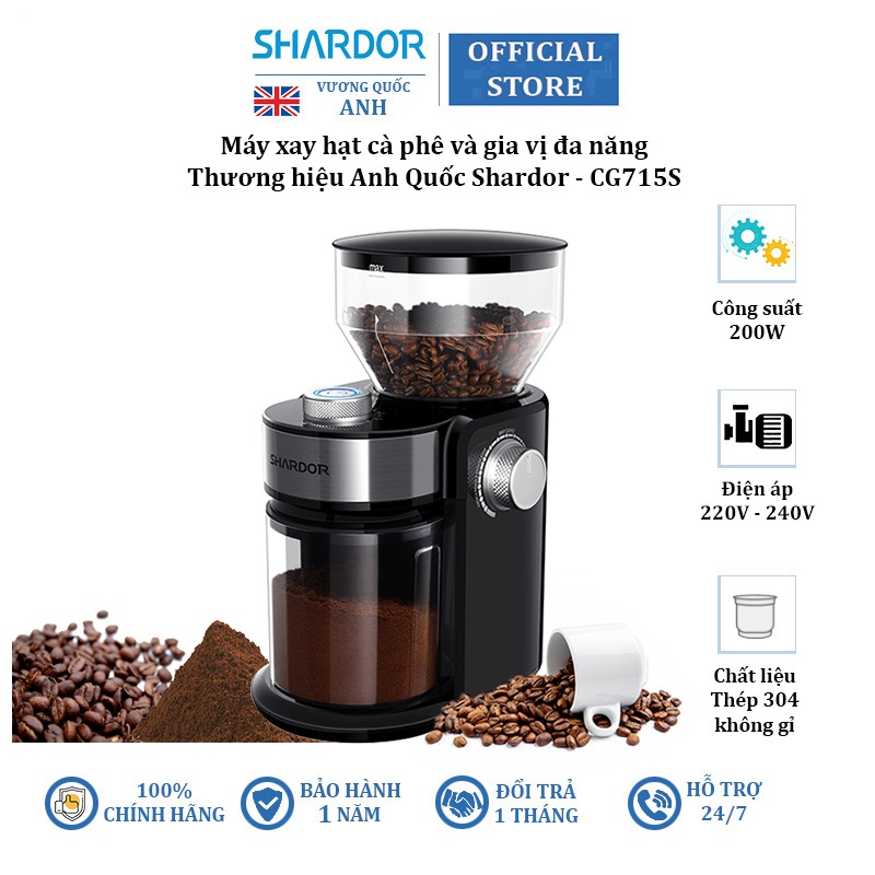 Máy xay hạt cà phê cao cấp nhãn hiệu Shardor CG835B, chuyên dùng cho pha phin và French Press kiểu pháp, công suất 150W