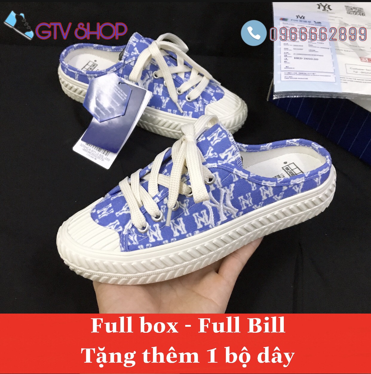 Hàng 11, full box, full bill và tặng 1 bộ dây giày - giày đạp gót, sục nữ chữ thêu, sục ny xanh, sục mlb ny , size 36 đến 39.