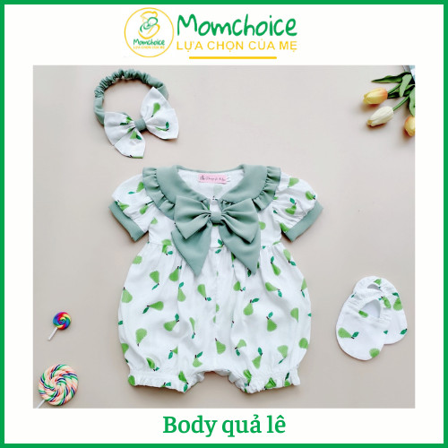 SP20 Set Bodysuit Quả Lê Xanh Bé Gái [MOMCHOICE] Bộ Body Đẹp Từ Sơ Sinh -13kg Kèm Turban Và Giày Vải. Chất Liệu Thô Đũi Mềm Mát.