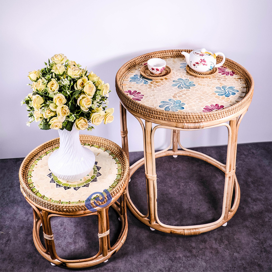 Bàn trà mây tre khay khảm trai Bamboo Handicraft vintage decor - Bàn cà phê mây - Bàn trà thủ công - Chất liệu khảm trai, trang trí, chụp hình