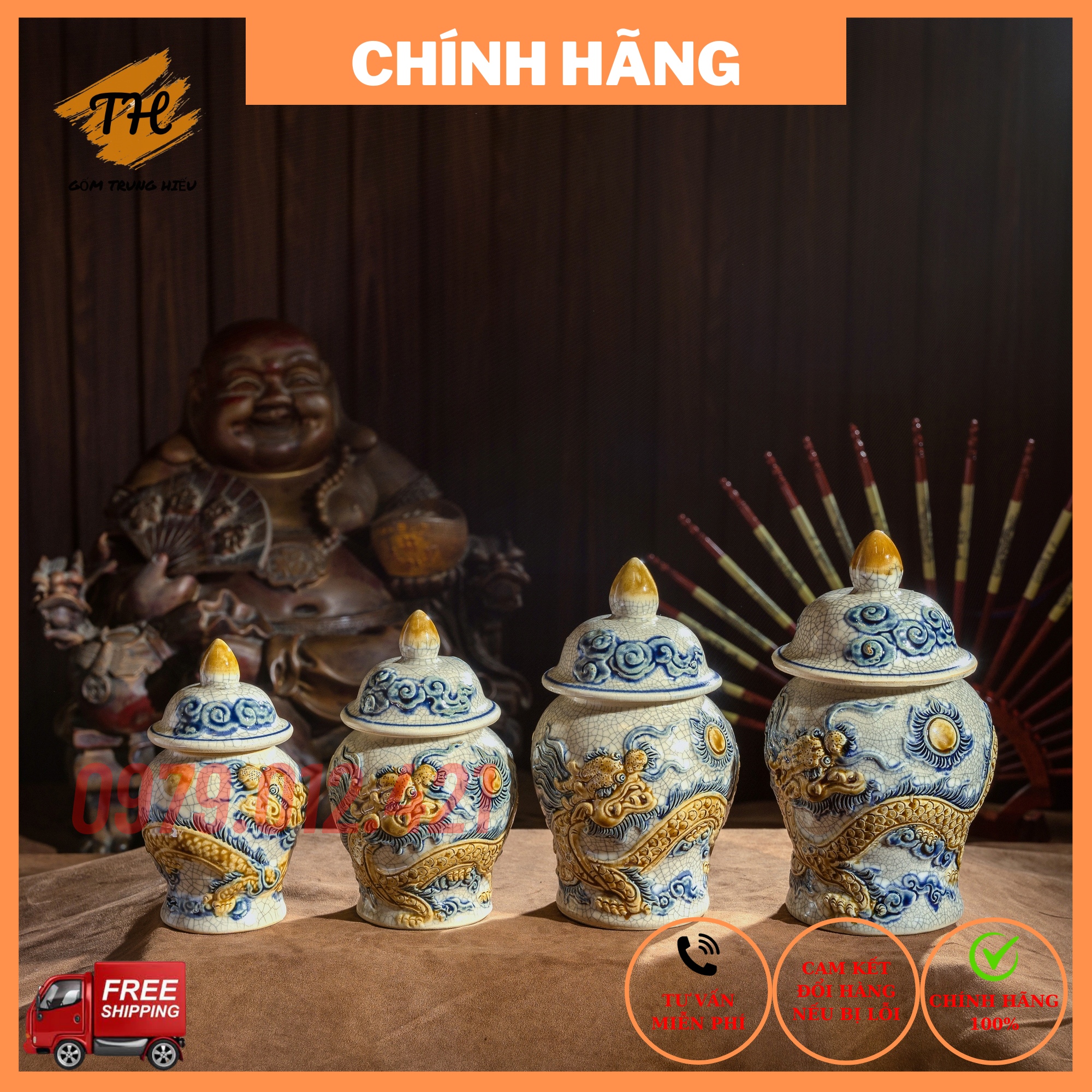 Chóe thờ Bát Tràng men rạn đắp nổi cao cấp hoạ tiết Rồng, Sen đầy đủ kích thước