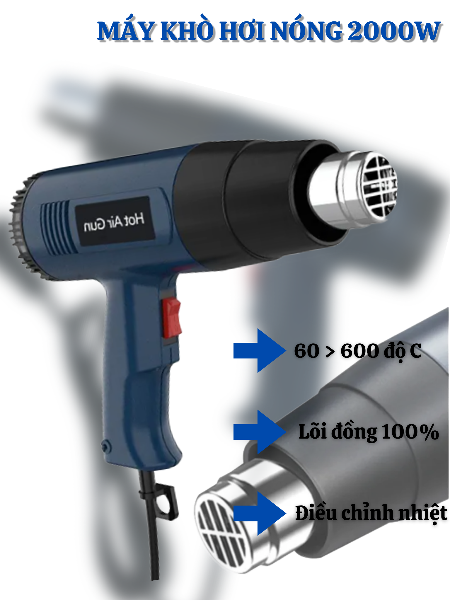 Máy khò nóng công suất cao chính hãng cao cấp, Máy thổi màng co bền bỉ nhỏ gọn tiện dụng