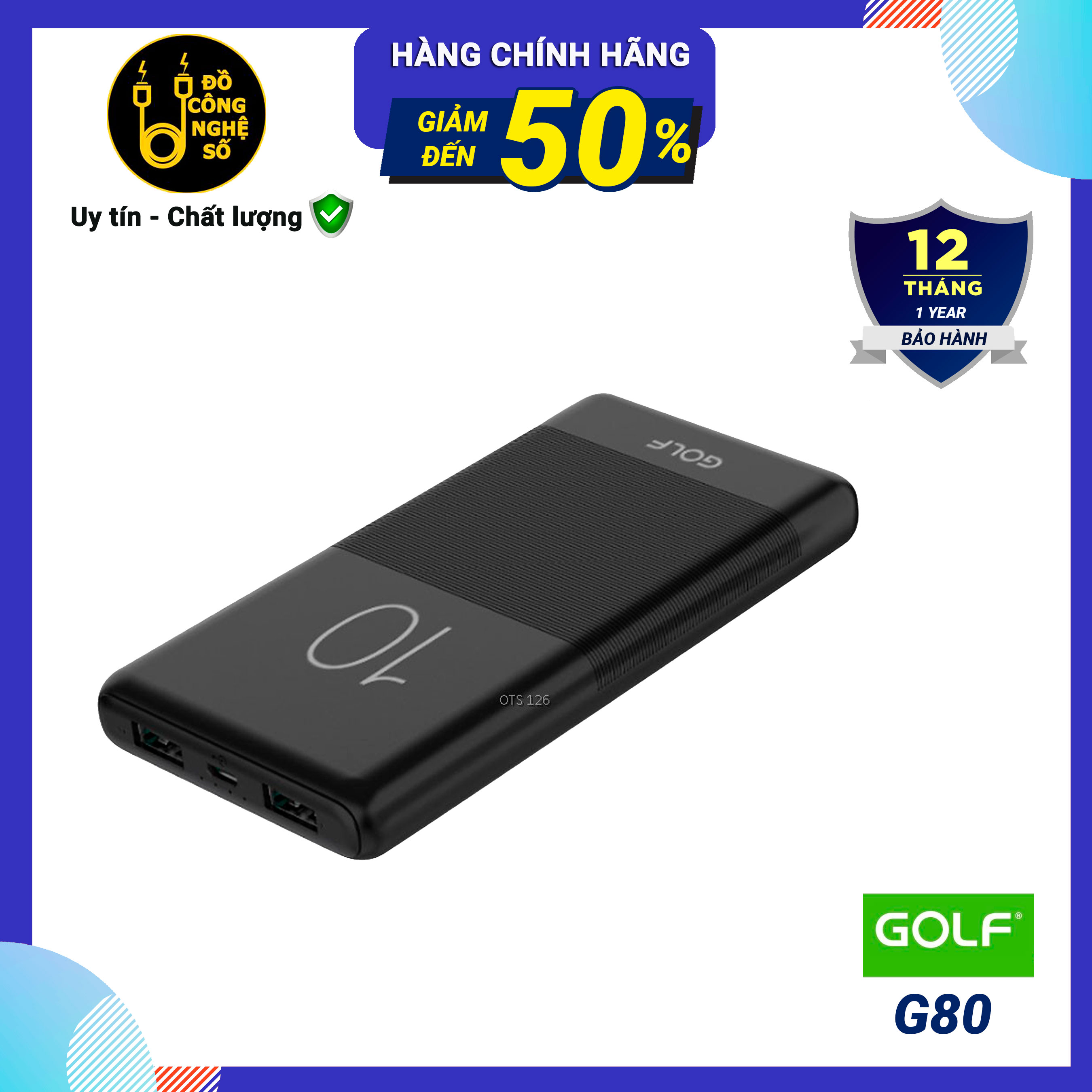 Pin sạc dự phòng 10000mAh Golf CANDY G80 2 cổng USB vỏ nhựa ABS chống cháy