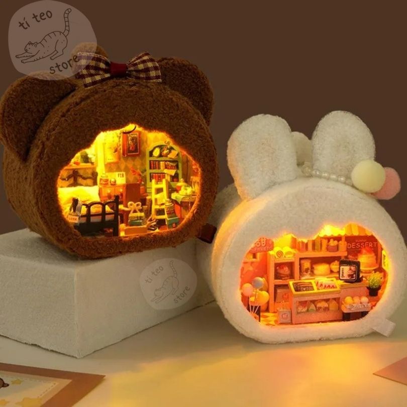 TẶNG PIN Mô hình lắp ráp nhà gấu thỏ xinh xắn có đèn LED tặng kèm PIN