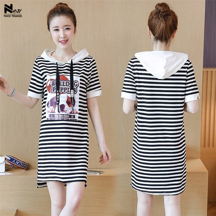 [HCM]Đầm Thun Kẻ Sọc Kèm Mũ - New Thoi Trang