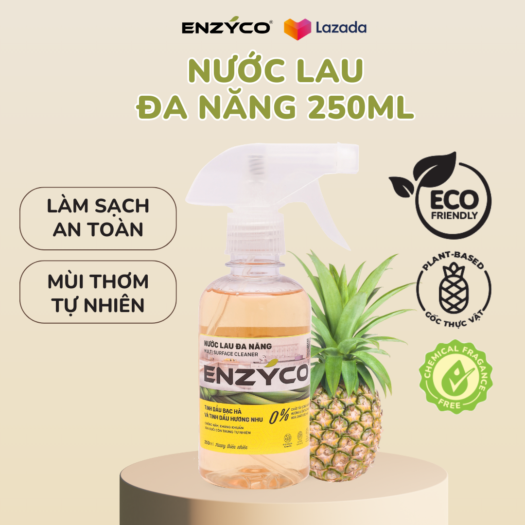 Nước lau đa năng sinh học ENZYCO dạng xịt chai 250ml - Enzyme từ dứa làm sạch, kháng khuẩn, xua đuổi côn trùng - Tinh dầu hương nhu và bạc hà