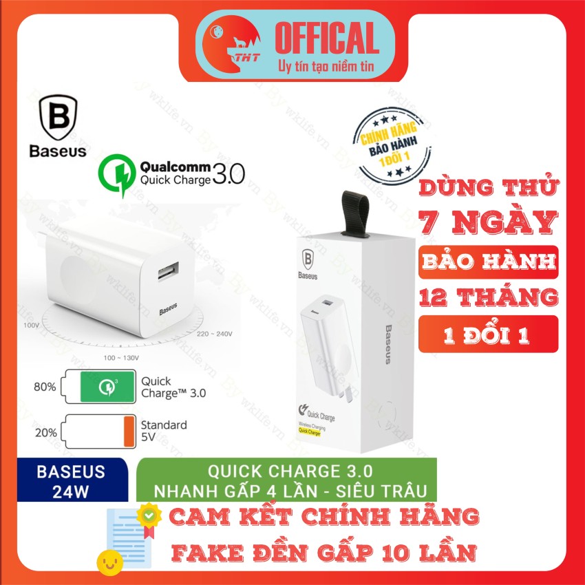Củ sạc nhanh Baseus Travel Quick Charge 3.0 24W sạc 50% trong 30 phút cho Iphone,Samsung , Xiaomi,Sony,Nokia