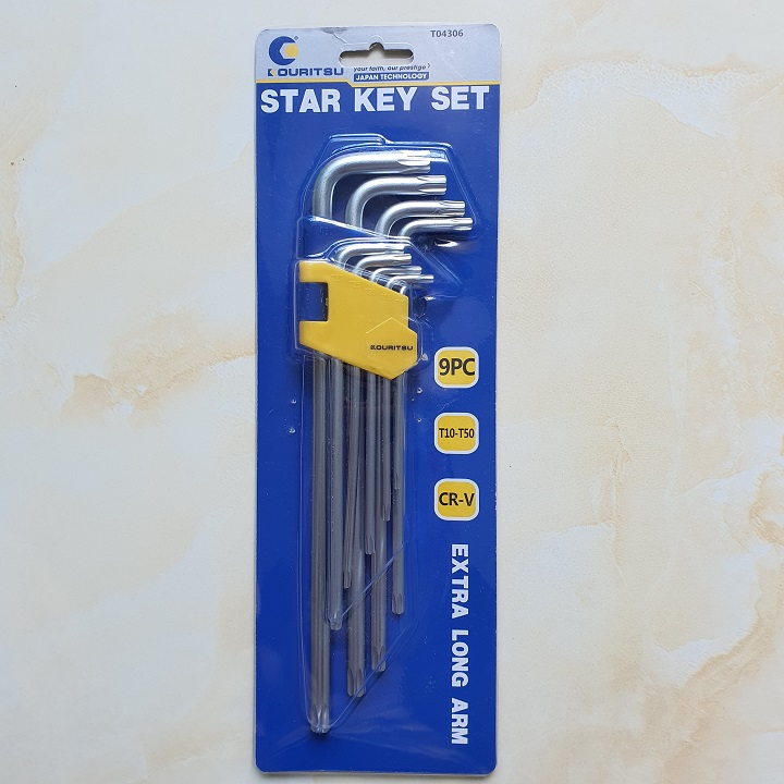 Bộ Lục Giác Đầu Sao Hãng Kouritsu Nhật Bản 9 Cây Chữ L từ T10-T50 Chiều Dài 25mm, Chất liệu thép CR-V6150, chống ăn mòn và chịu lực tốt, thích hợp sử dụng trong nhiều môi trường làm việc khác nhau, phù hợp với nhiều loại bulong