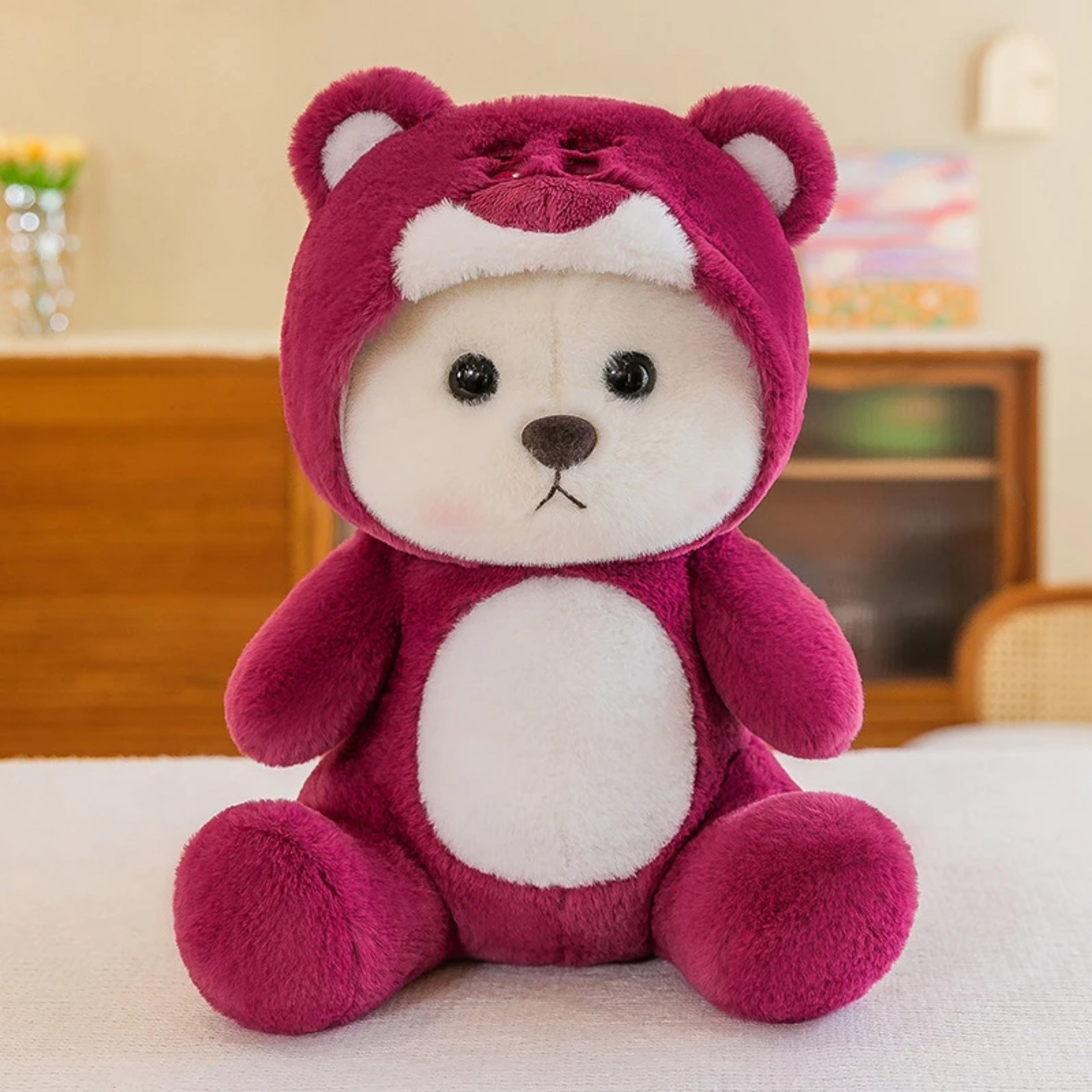 Gấu bông lena cosplay mũ gấu dâu , teddy mặc đồ lotso hồng , lông mềm mịn