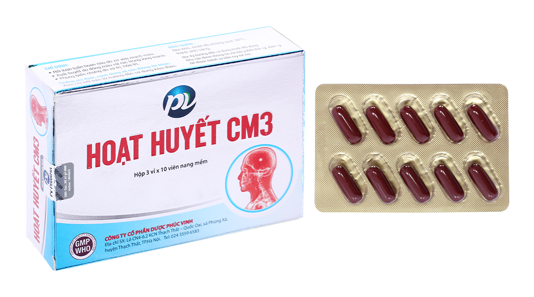 Hoạt huyết CM3 / Hoạt huyết dưỡng não Phúc Vinh dùng khi đau đầu, hoa mắt, chóng mặt, ù tai, mất ngủ, giấc ngủ chập chờn, mệt mỏi, suy giảm trí nhớ, bị tai biến mạch máu não, đau tức ngực, nhồi máu cơ tim, đau mỏi cổ