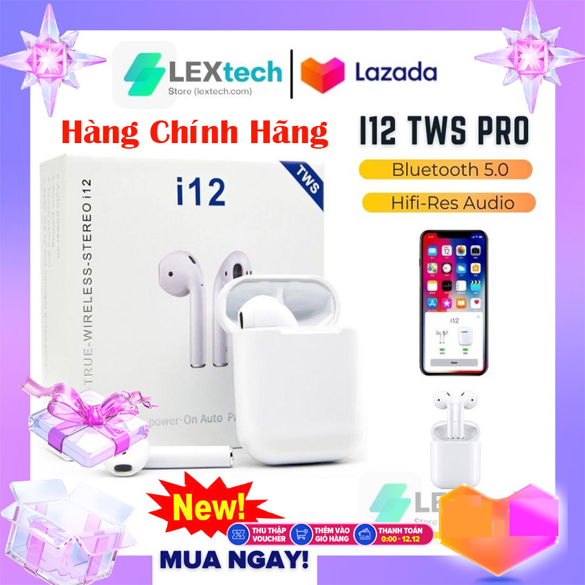 Tai nghe bluetooth i12, tai nghe không dây bluetooth 5.0, tay nghe pin trâu, âm thanh hifi cực hay tương thích với điện thoại cao cấp xịn sò.