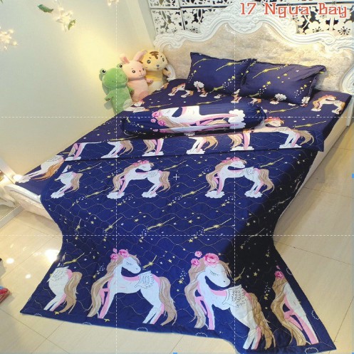 Set 3 ga gối - Bộ ga chun và 2 vỏ gối chất Cotton Poly họa tiết ngựa bay