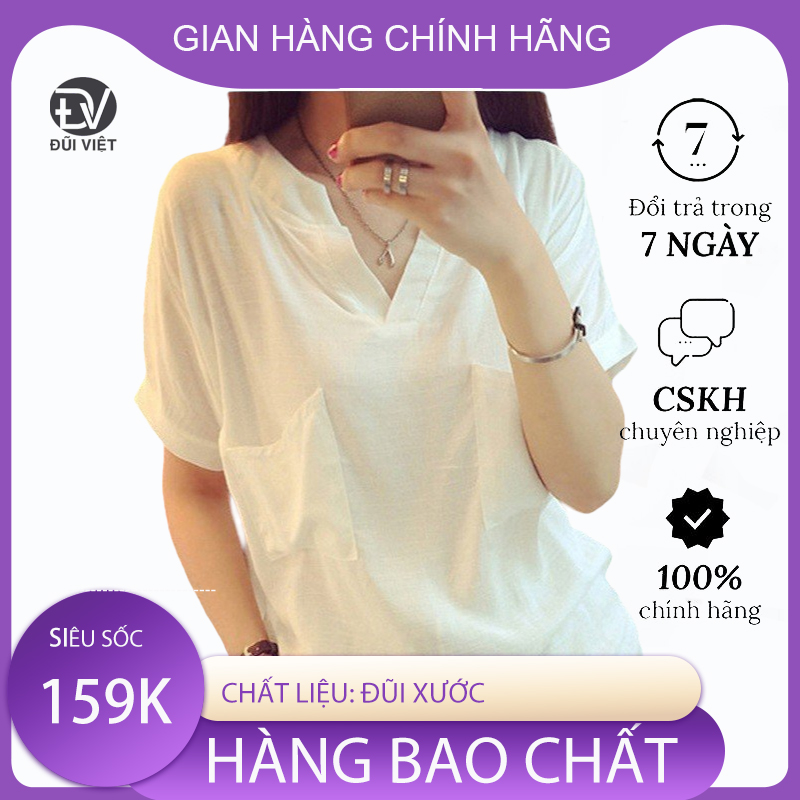 Áo sơ mi nữ Đũi Việt, áo form rộng cổ sơ mi ngắn tay 2 túi ốp trẻ trung DV89