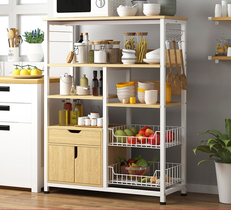 Kệ lò vi sóng 5 tầng kèm giỏ và tủ - Gỗ chống mối và chống cháy