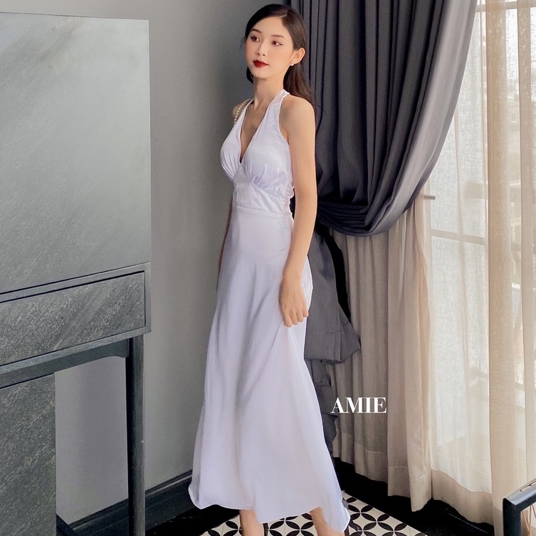 Đầm nữ amie thiết kế cổ chữ v thanh lịch, váy thời trang cao cấp chất phi lụa sang chảnh d08