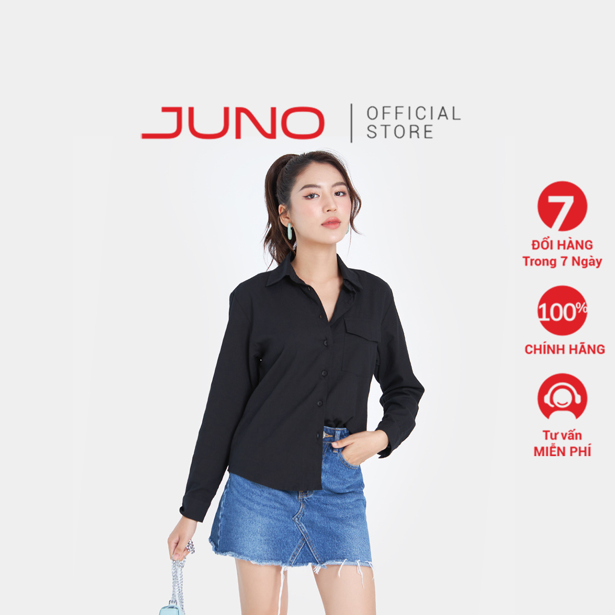 Áo Sơmi Nữ Thời Trang JUNO Tay Dài Nắp Túi JNASM014