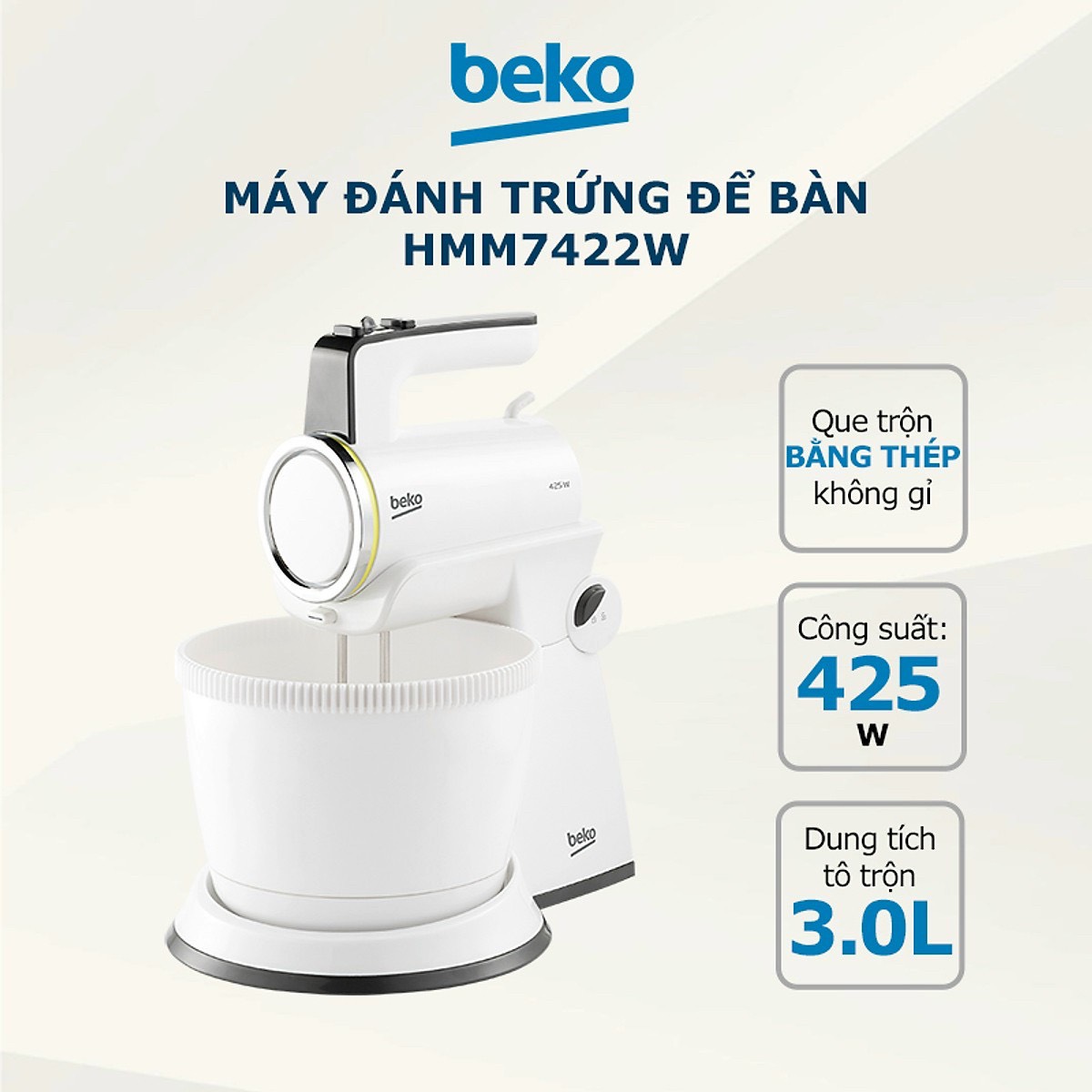 Máy đánh trứng để bàn "nổi" nhất hiện nay, máy đánh trứng để bàn beko hmm7422w, công suất 425w, 4 tốc độ mạnh mẽ, đánh trứng, đánh bột, đánh kem, nhào trộn nhanh chóng, tiết kiệm, dung tích 3l, bh 12t