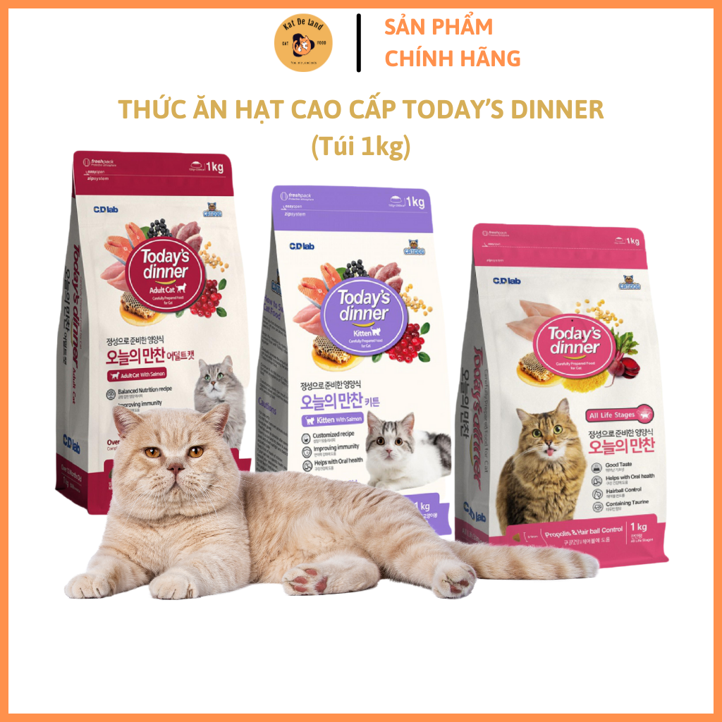Thức ăn khô cho mèo, hạt cho mèo today dinner túi 1kg nguyên seal, hạt today's dinner xuất xứ từ hàn quốc
