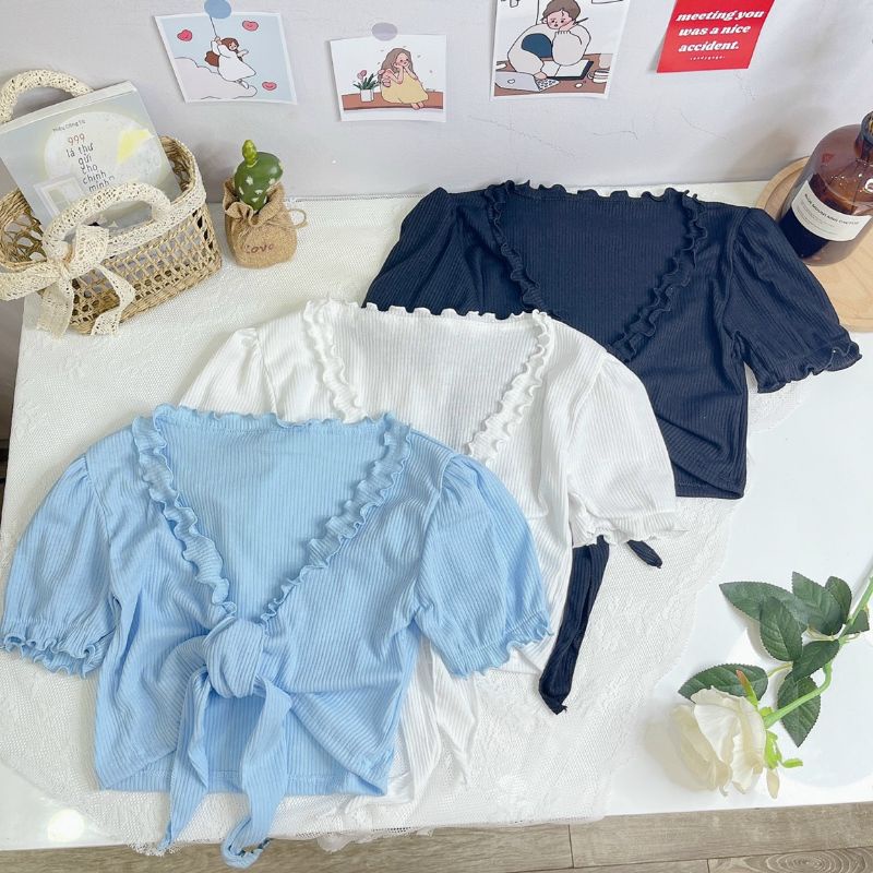 Áo croptop viền bèo thun gân cột nơ trước ngực