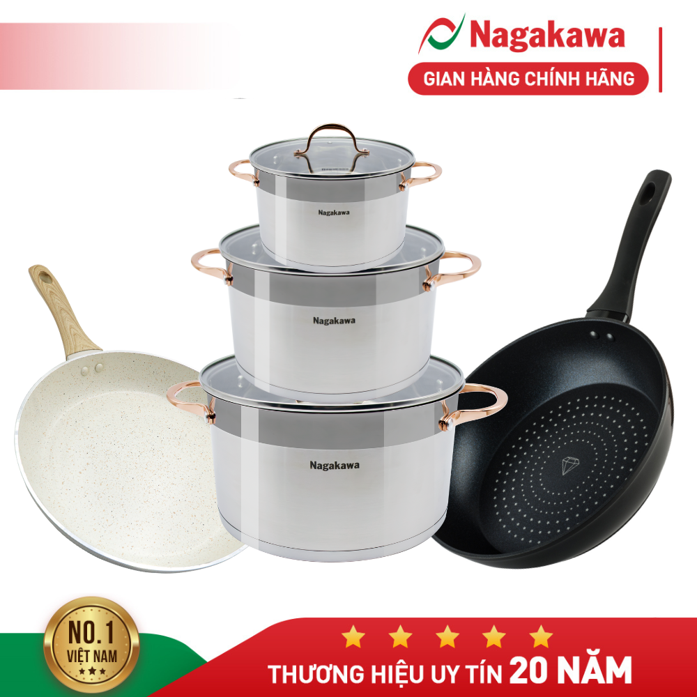 Bộ nồi inox nagakawa nag1352 + chảo kim cương đáy từ nagakawa nag2651 + chảo chống dính đáy từ nagakawa nag2406