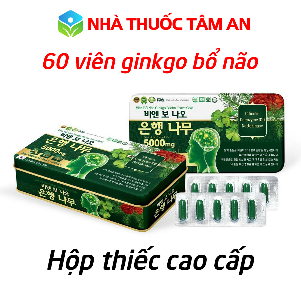 Viên bổ não Ginkgo Biloba Extra Gold (hộp thiếc) giúp hoạt huyết, tăng tuần hoàn máu não - Hộp 60 viên