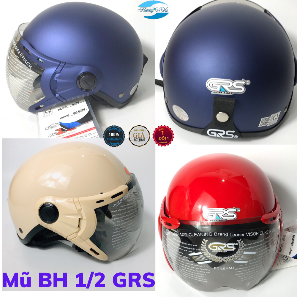 Mũ bảo hiểm nửa đầu có kính nữ GRS A33K chính hãng, nón bảo hiểm 1/2 đầu nam, size 54cm-58cm-nhiều màu -Bảo Hành 12 Tháng-Huongviva