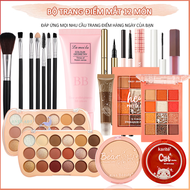 [HCM]Trọn bộ mỹ phẩm trang điểm chuyên nghiệp 12 món đầy đủ nhất (1x bộ cọ trang điểm 4 món+1xBB kem +1x phấn phủ trang điểm +2x Khay trang điểm +1x má hồng +1x mascara +1x Kẻ mắt +3x Son bóng +1x son môi)