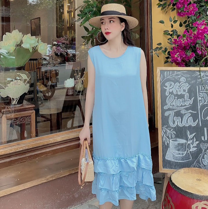 Đầm nữ đũi sát nách chân bèo tầng, dáng suông rộng bầu bí mặc càng xinh, onesize đến 70kg