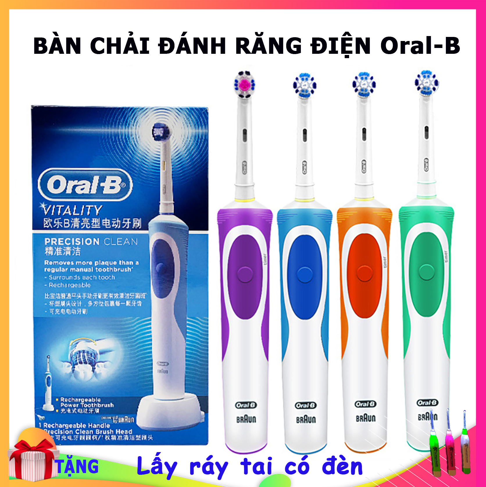 Bàn chải đánh răng điện Oral B vitality - Hai đầu thay, làm sạch gấp 2 lần bàn chải thường,công nghệ chống nước toàn thân an toàn .Bảo hành 1 năm, Lỗi 1 đổi 1 trong vòng 7 ngày