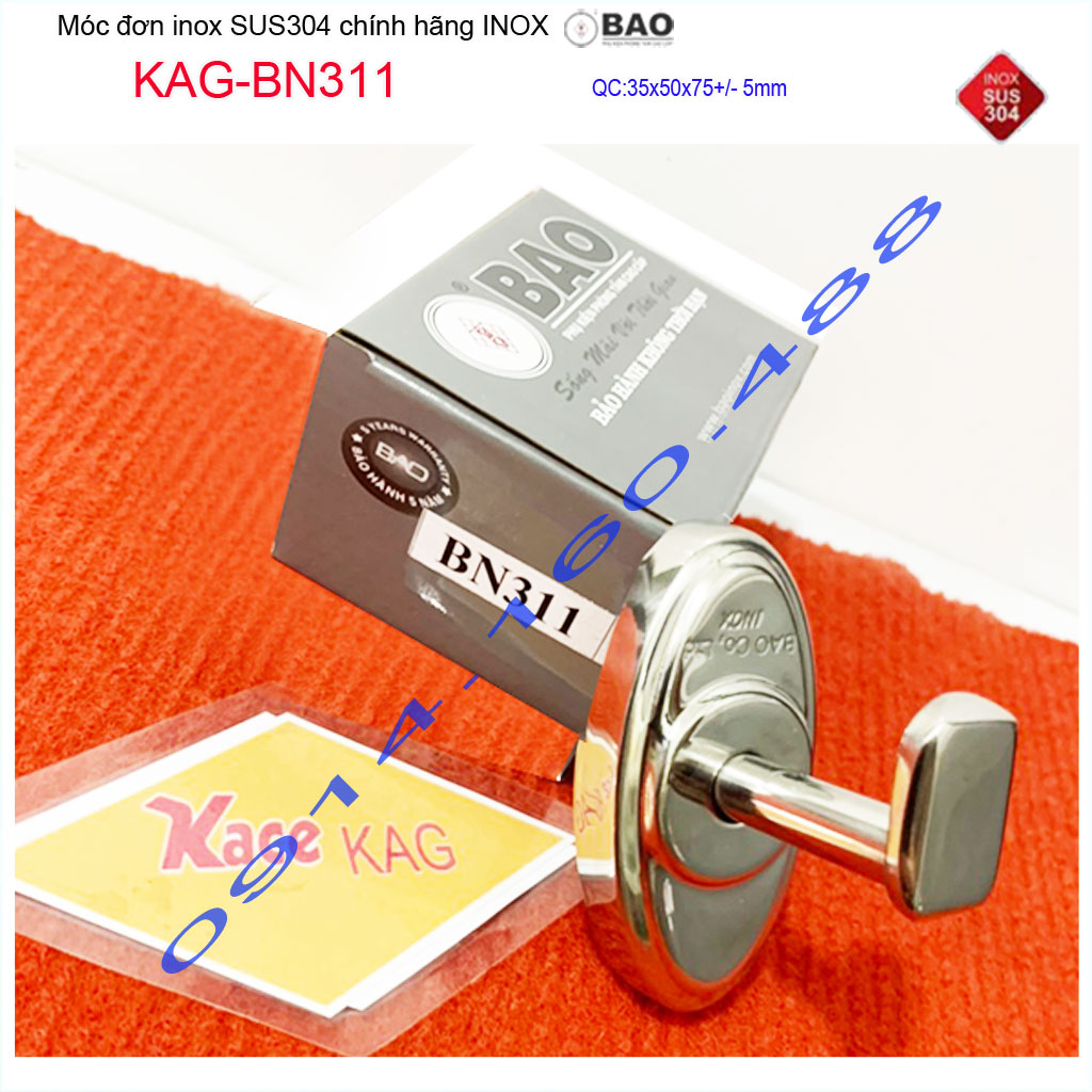 Móc đơn Inox Bảo KAG-BN311, móc treo đồ nhà tắm khách sạn SUS304 đế oval thiết kế đẹp sang trọng gọn gàng