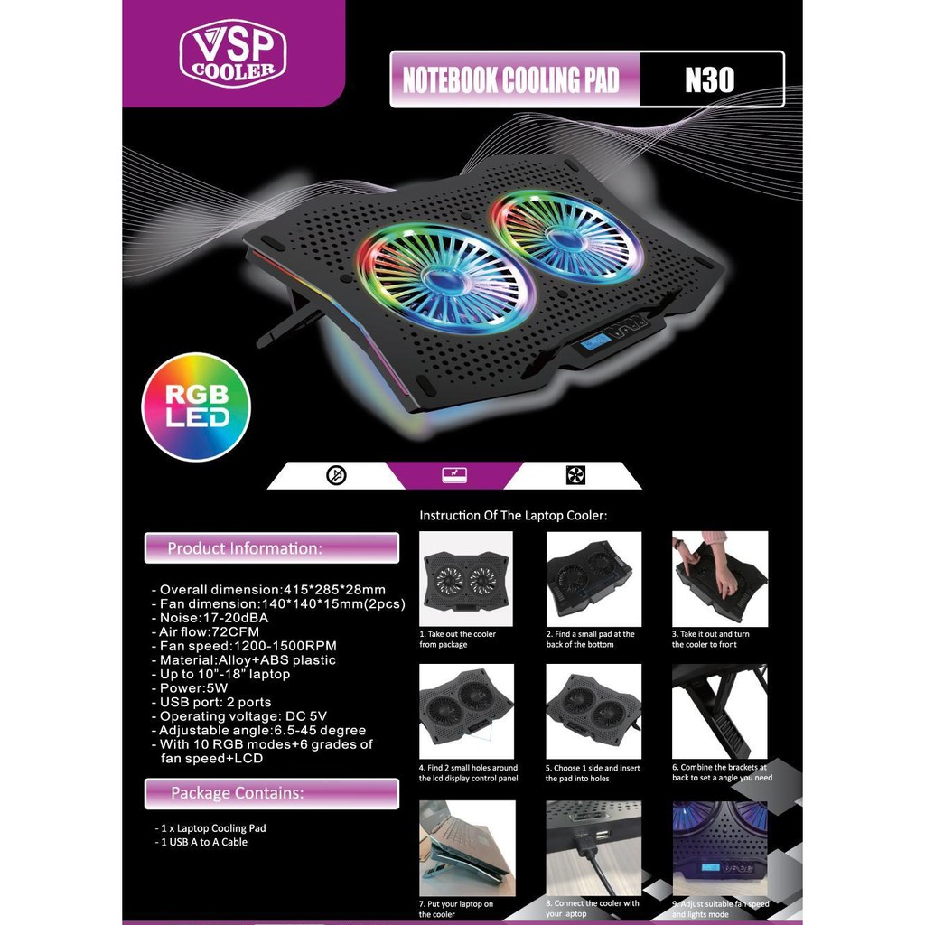 [HCM]Đế tản nhiệt Laptop VSP COOLER N30 2FAN LED RGB có LCD (10-18) hàng chất lượng cao siêu mát BH chính hãng 6 tháng