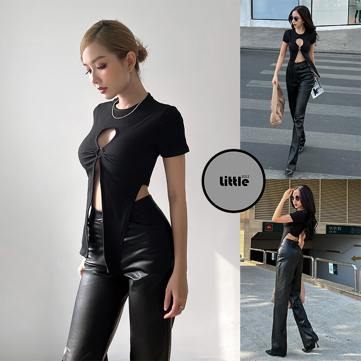 Áo kiểu ngắn tay tà dài khoét giữa ngực dáng croptop chất thun gân "khoen"