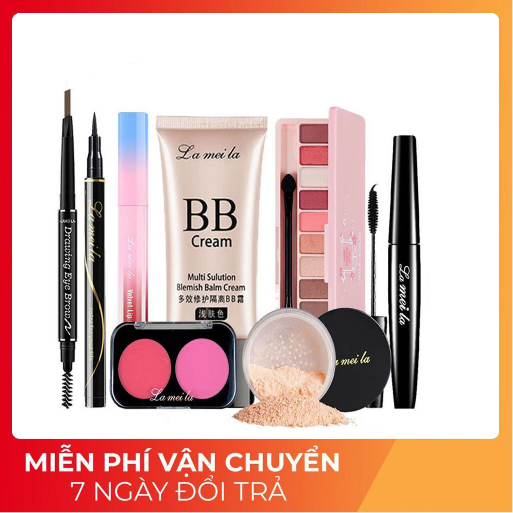 Bộ trang điểm đầy đủ Lameila 8 món tiện lợi set trang điểm chuyên nghiệp bộ trang điểm cá nhân Phấn phủ Kem BB Phấn mắt Phấn má Mascara Bút dạ kẻ mắt Chì kẻ mày Son kem TĐ801