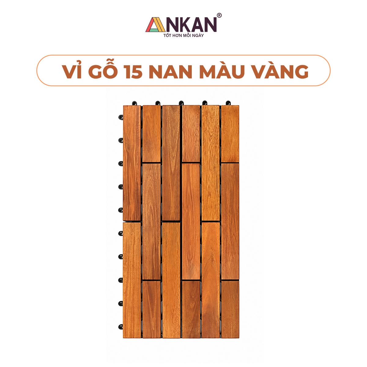Vỉ Gỗ Tự Nhiên ANKAN, 60cmx30cm, Màu Vàng, Lắp Đặt Dễ Dàng, Lót Ban Công, Sân Thượng, Sân Vườn