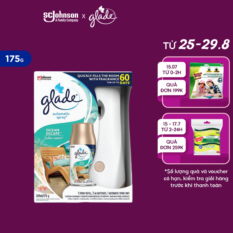 GLADE Bộ Máy & Lõi Xịt thơm phòng tự động Hương Biển Phiêu Bồng 175g - Xịt thơm phòng chăm sóc không khí hương thơm tự nhiên