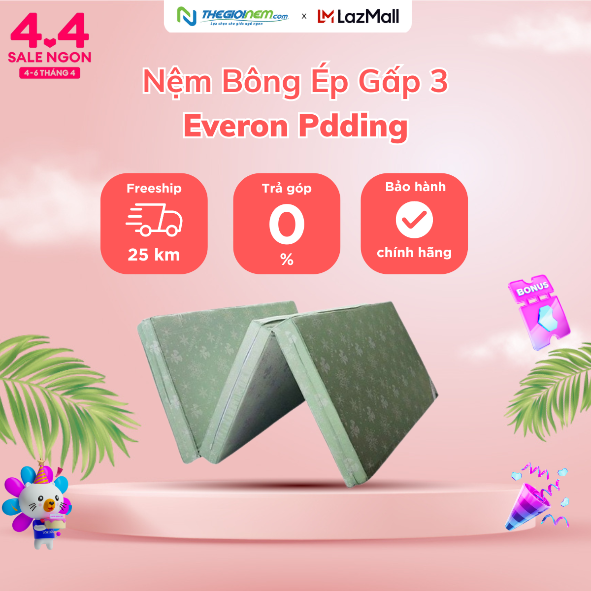 [Trả góp 0%] Nệm bông ép gấp 3 Everon Padding-Bảo hành 5 năm.
